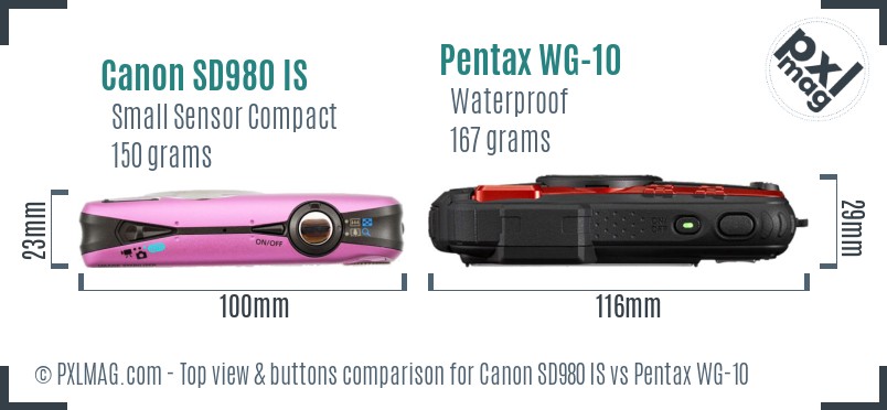 Canon SD980 IS vs Pentax WG-10 top view buttons comparison