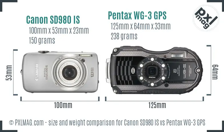 Canon SD980 IS vs Pentax WG-3 GPS size comparison Canon SD980 IS vs Pentax WG-3 GPS size comparison