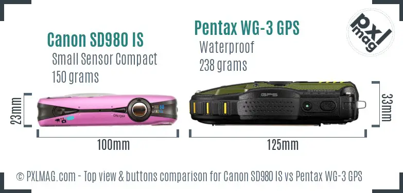 Canon SD980 IS vs Pentax WG-3 GPS top view buttons comparison Canon SD980 IS vs Pentax WG-3 GPS top view buttons comparison