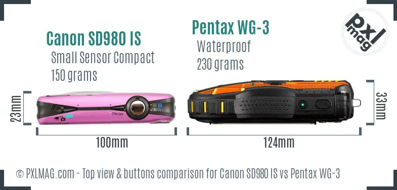 Canon SD980 IS vs Pentax WG-3 top view buttons comparison