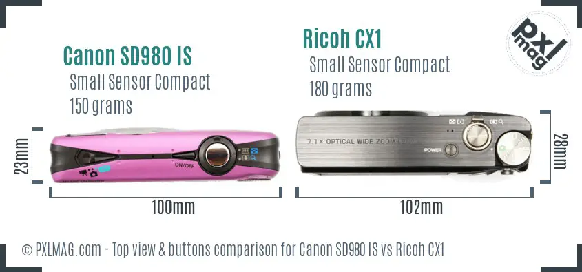 Canon SD980 IS vs Ricoh CX1 top view buttons comparison Canon SD980 IS vs Ricoh CX1 top view buttons comparison