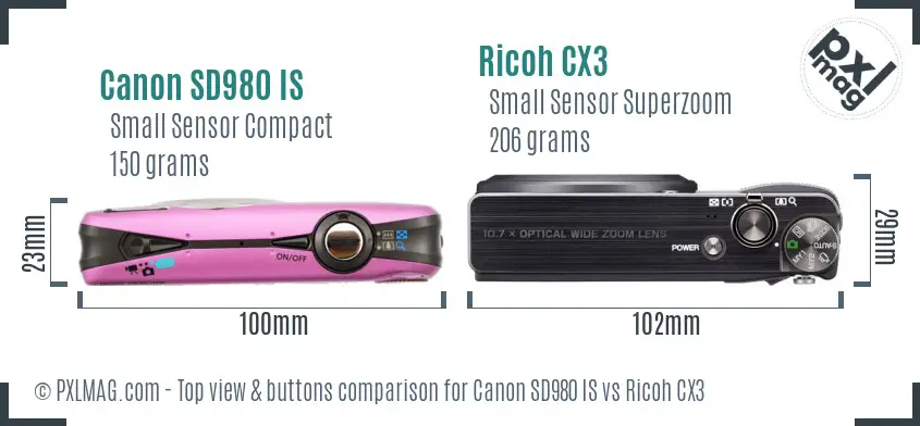 Canon SD980 IS vs Ricoh CX3 top view buttons comparison Canon SD980 IS vs Ricoh CX3 top view buttons comparison