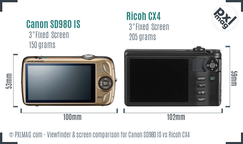 Canon SD980 IS vs Ricoh CX4 Screen and Viewfinder comparison