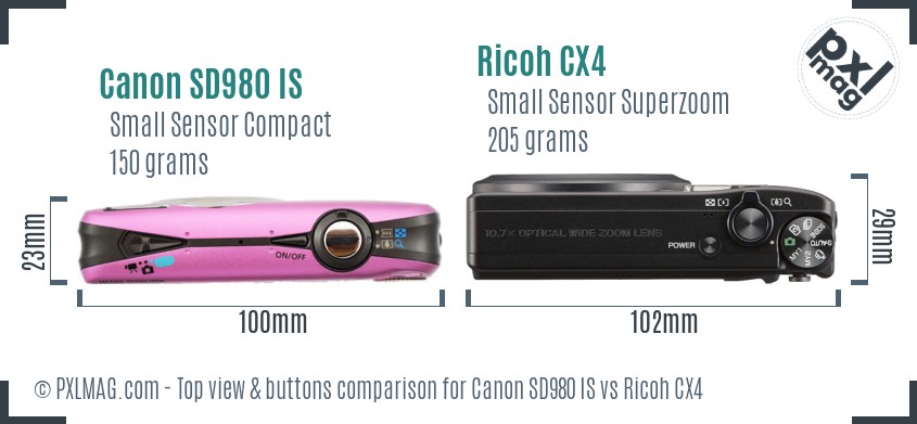 Canon SD980 IS vs Ricoh CX4 top view buttons comparison