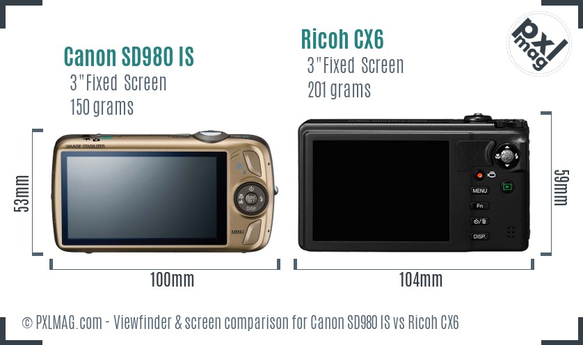 Canon SD980 IS vs Ricoh CX6 Screen and Viewfinder comparison