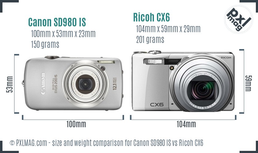 Canon SD980 IS vs Ricoh CX6 size comparison
