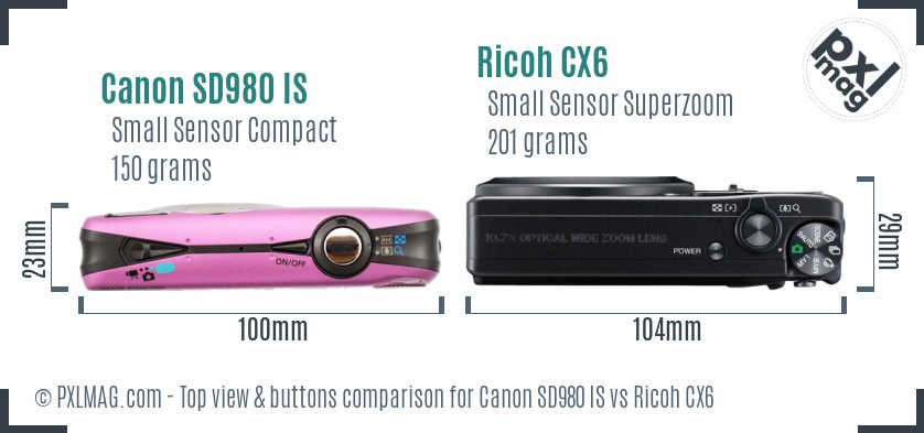Canon SD980 IS vs Ricoh CX6 top view buttons comparison
