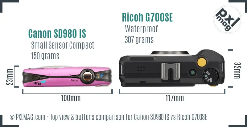 Canon SD980 IS vs Ricoh G700SE top view buttons comparison