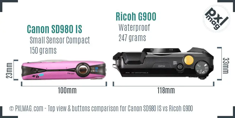 Canon SD980 IS vs Ricoh G900 top view buttons comparison