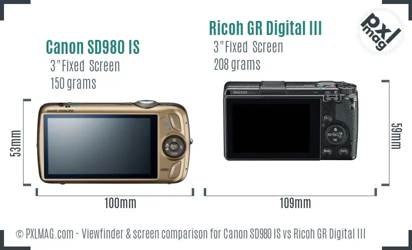 Canon SD980 IS vs Ricoh GR Digital III Screen and Viewfinder comparison