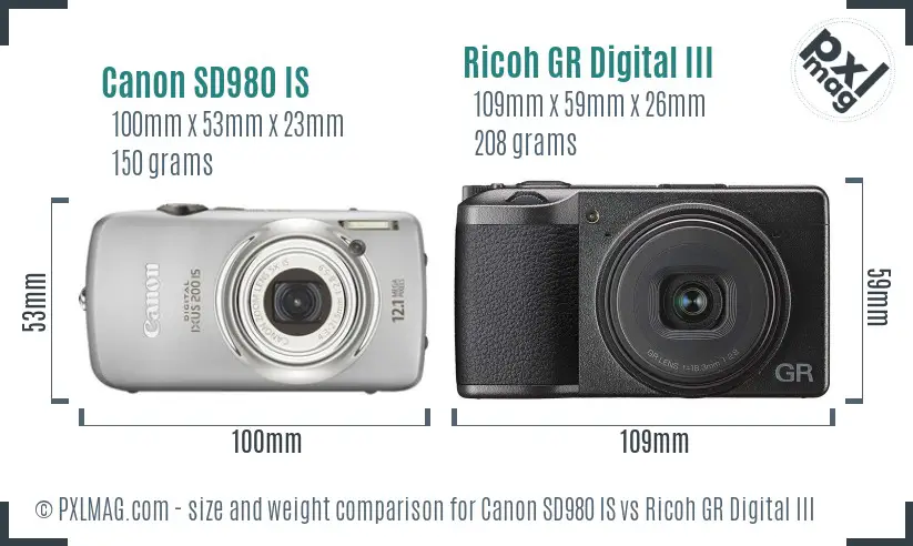 Canon SD980 IS vs Ricoh GR Digital III size comparison