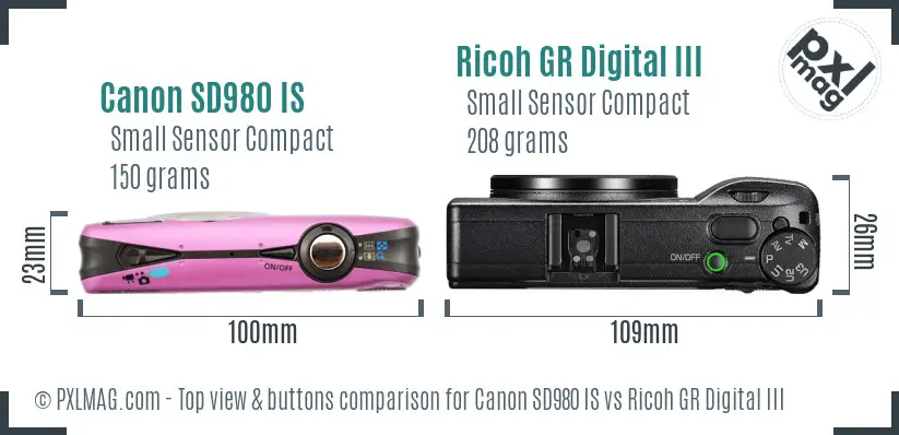 Canon SD980 IS vs Ricoh GR Digital III top view buttons comparison