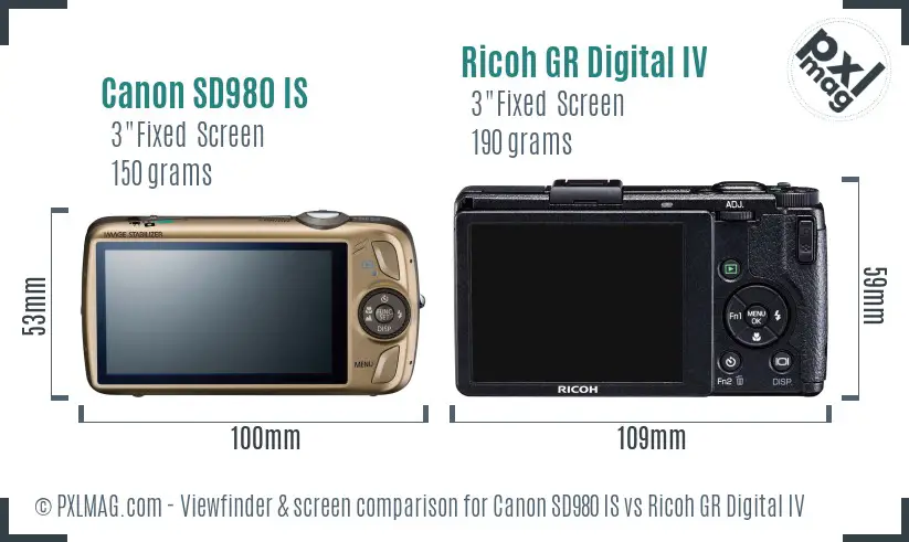 Canon SD980 IS vs Ricoh GR Digital IV Screen and Viewfinder comparison