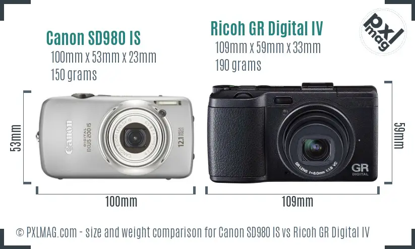 Canon SD980 IS vs Ricoh GR Digital IV size comparison