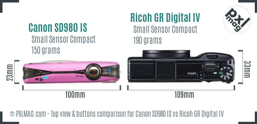 Canon SD980 IS vs Ricoh GR Digital IV top view buttons comparison