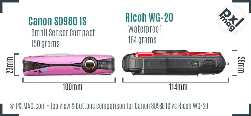 Canon SD980 IS vs Ricoh WG-20 top view buttons comparison