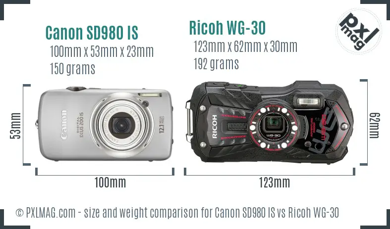 Canon SD980 IS vs Ricoh WG-30 size comparison