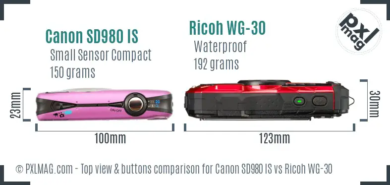 Canon SD980 IS vs Ricoh WG-30 top view buttons comparison