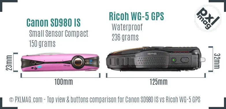 Canon SD980 IS vs Ricoh WG-5 GPS top view buttons comparison
