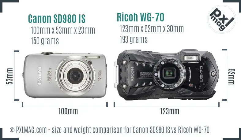 Canon SD980 IS vs Ricoh WG-70 size comparison