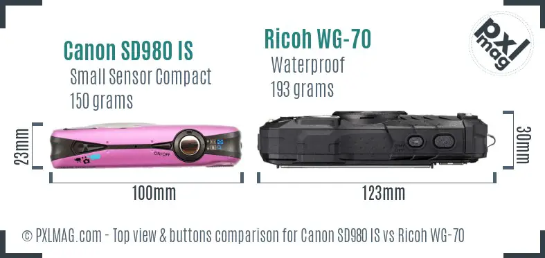 Canon SD980 IS vs Ricoh WG-70 top view buttons comparison