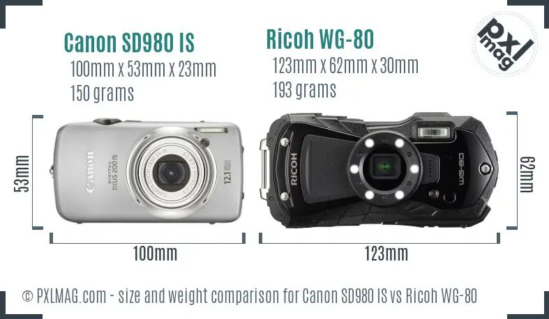 Canon SD980 IS vs Ricoh WG-80 size comparison