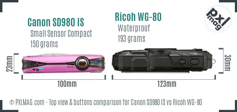 Canon SD980 IS vs Ricoh WG-80 top view buttons comparison