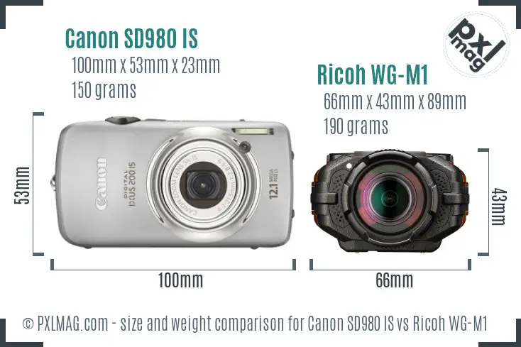 Canon SD980 IS vs Ricoh WG-M1 size comparison
