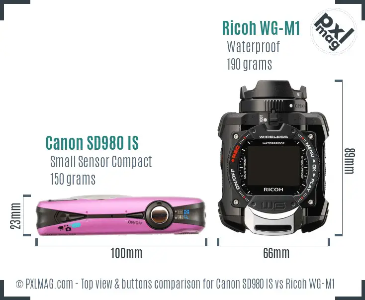 Canon SD980 IS vs Ricoh WG-M1 top view buttons comparison