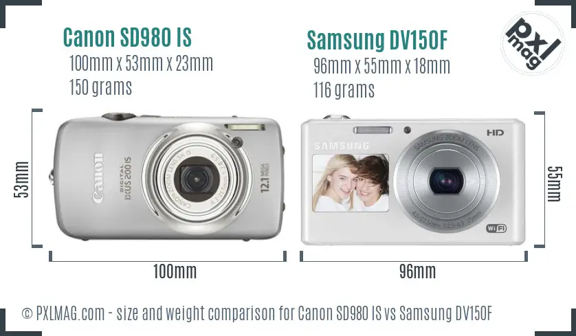 Canon SD980 IS vs Samsung DV150F size comparison