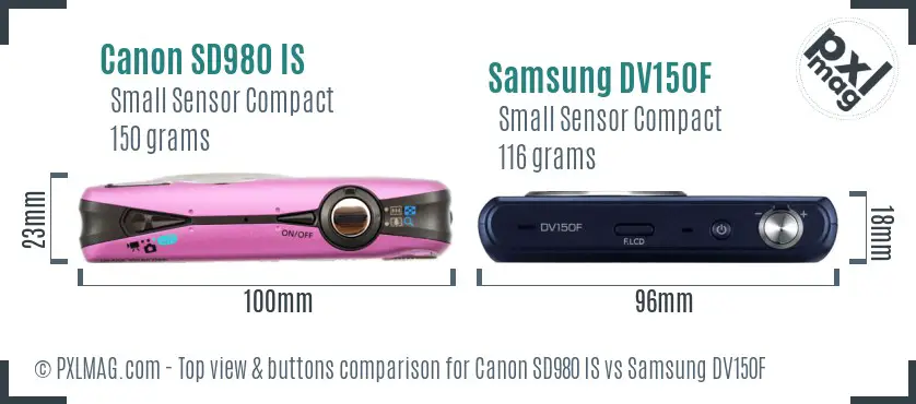 Canon SD980 IS vs Samsung DV150F top view buttons comparison