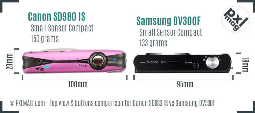 Canon SD980 IS vs Samsung DV300F top view buttons comparison