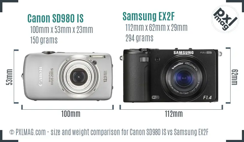 Canon SD980 IS vs Samsung EX2F size comparison