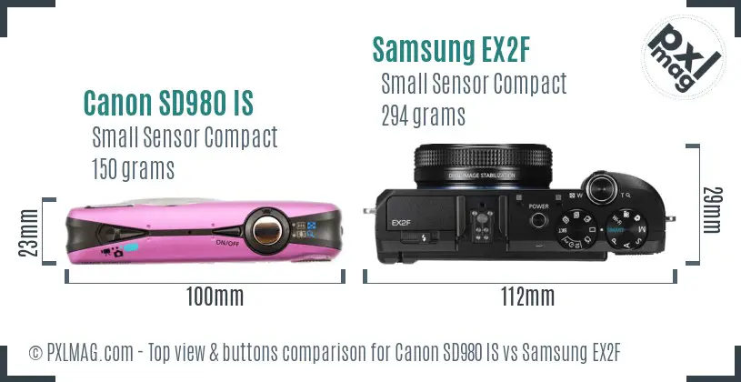 Canon SD980 IS vs Samsung EX2F top view buttons comparison