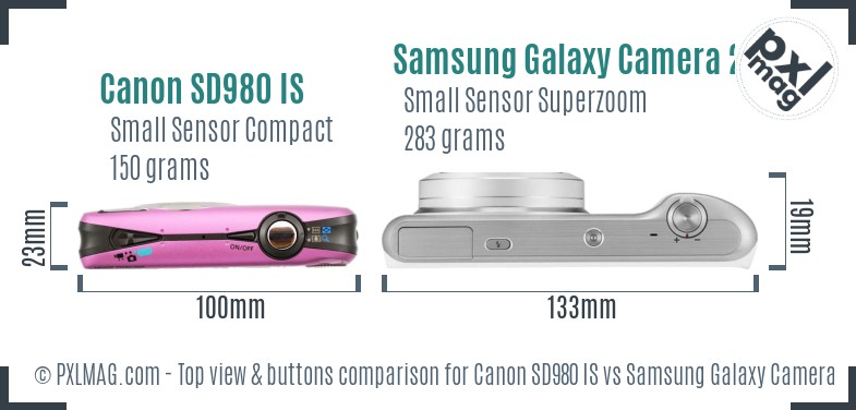 Canon SD980 IS vs Samsung Galaxy Camera 2 top view buttons comparison