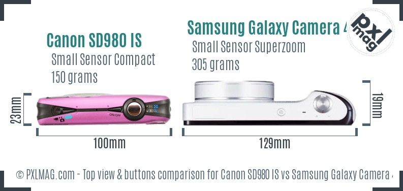 Canon SD980 IS vs Samsung Galaxy Camera 4G top view buttons comparison