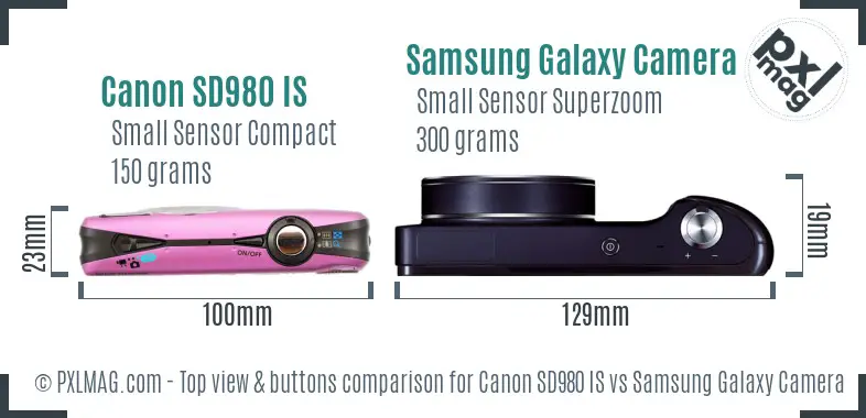 Canon SD980 IS vs Samsung Galaxy Camera top view buttons comparison