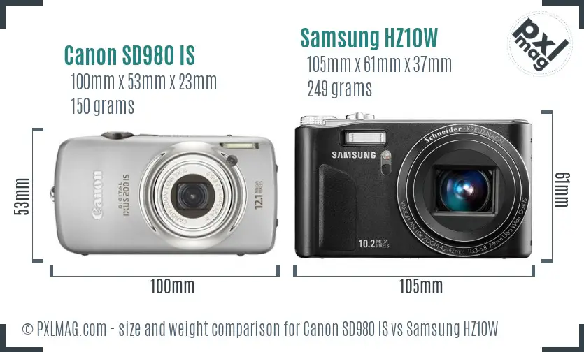 Canon SD980 IS vs Samsung HZ10W size comparison