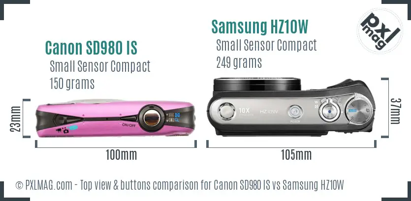 Canon SD980 IS vs Samsung HZ10W top view buttons comparison