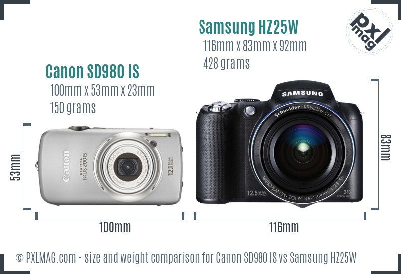 Canon SD980 IS vs Samsung HZ25W size comparison