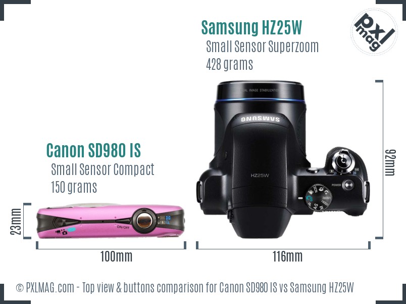 Canon SD980 IS vs Samsung HZ25W top view buttons comparison