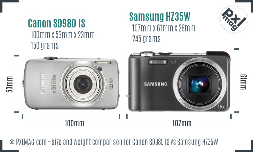 Canon SD980 IS vs Samsung HZ35W size comparison