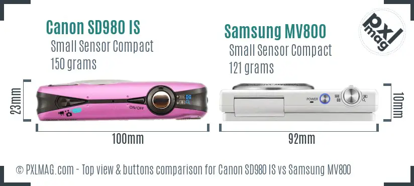 Canon SD980 IS vs Samsung MV800 top view buttons comparison