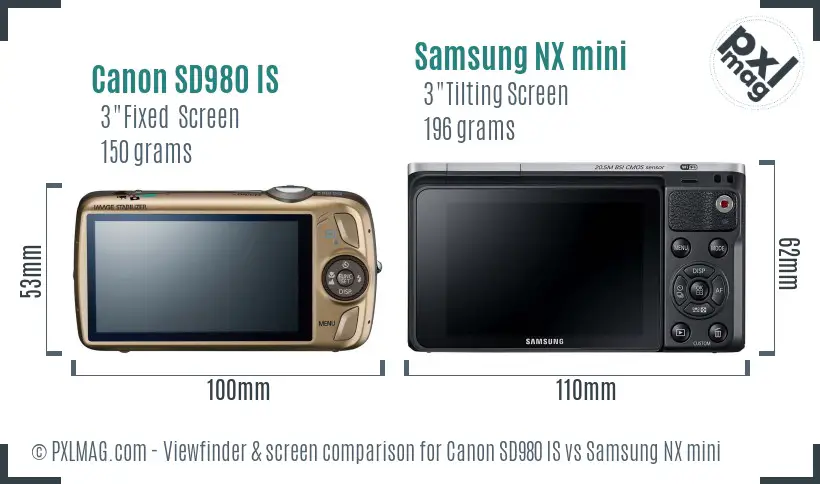 Canon SD980 IS vs Samsung NX mini Screen and Viewfinder comparison