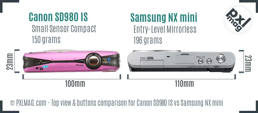 Canon SD980 IS vs Samsung NX mini top view buttons comparison