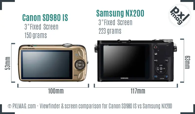 Canon SD980 IS vs Samsung NX200 Screen and Viewfinder comparison