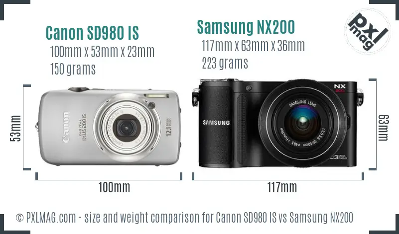 Canon SD980 IS vs Samsung NX200 size comparison