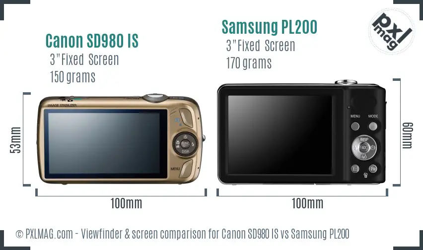 Canon SD980 IS vs Samsung PL200 Screen and Viewfinder comparison