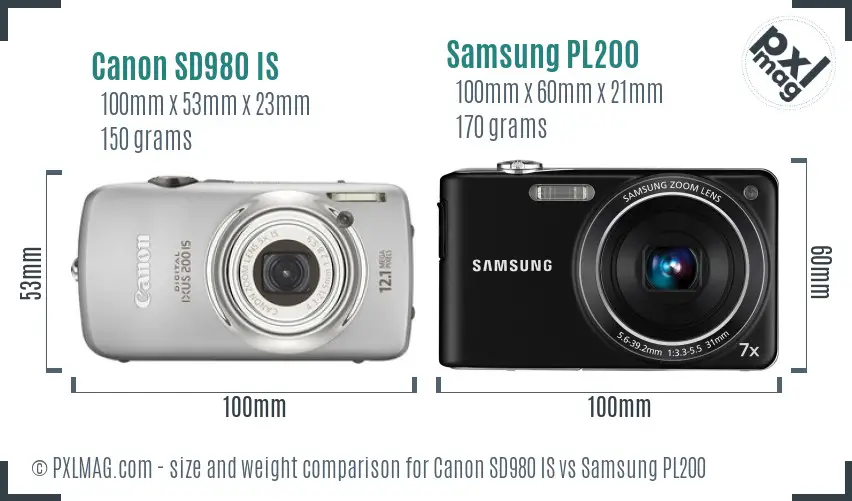 Canon SD980 IS vs Samsung PL200 size comparison