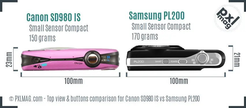 Canon SD980 IS vs Samsung PL200 top view buttons comparison